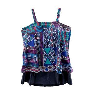 Romans Swim Suit Size 22 W Tankini Top and Skirt Blue Multi Color Ikat Soft Bra